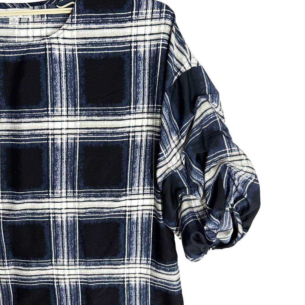 Maggie Max Boxy Top Plus 1X Blue Gray White Plaid Academia Preppy 90s Grunge - Picture 3 of 10